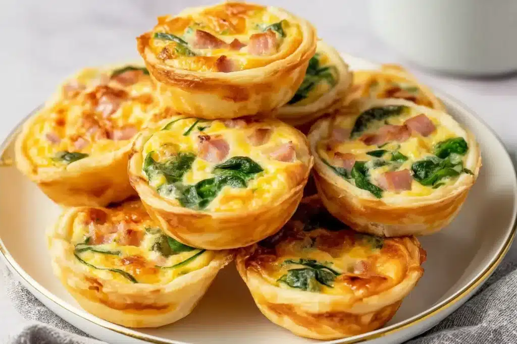Close-up of golden baked mini quiches with spinach and diced ham stacked on a white plate.