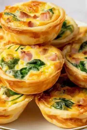 Close-up of golden baked mini quiches with spinach and diced ham stacked on a white plate.