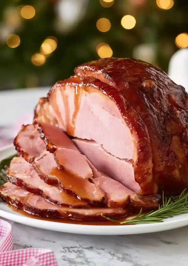 Partially sliced glazed ham revealing tender pink interior meat, thick caramelized glaze crust, arranged on white platter with fresh rosemary garnish and pink gingham napkin, Christmas bokeh background
