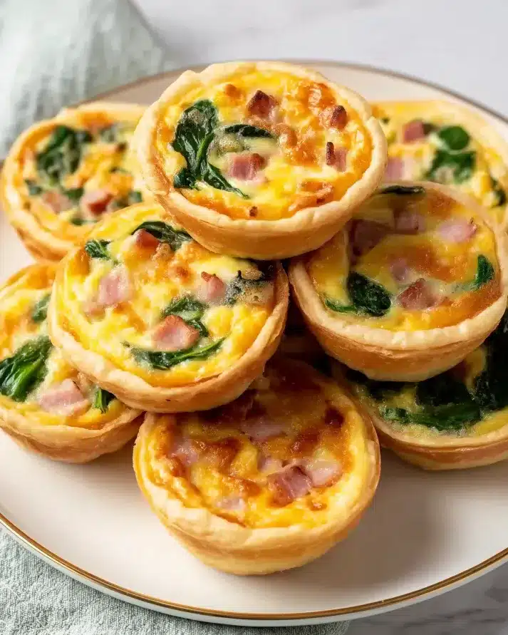 Stack of golden brown muffin tin mini quiches filled with spinach, diced ham, and melted cheese on a white plate.