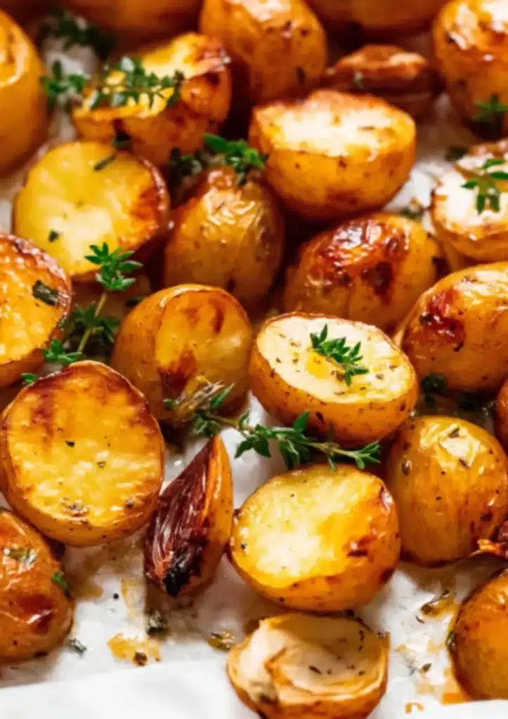 Overhead view of golden crispy roasted baby potatoes with fresh parsley and thyme garnish, roasted garlic cloves visible, glistening with olive oil on white parchment paper