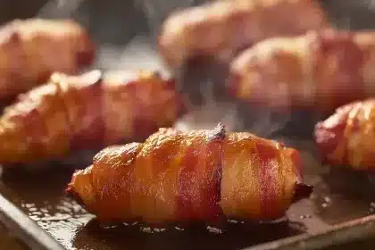 Bacon-wrapped sausages cooking on a grill grate with rising smoke, showing the grilling process