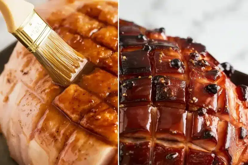 Split image showing ham glazing process: left side pastry brush applying glaze to scored raw ham, right side fully caramelized dark amber glazed ham with cloves in diamond pattern