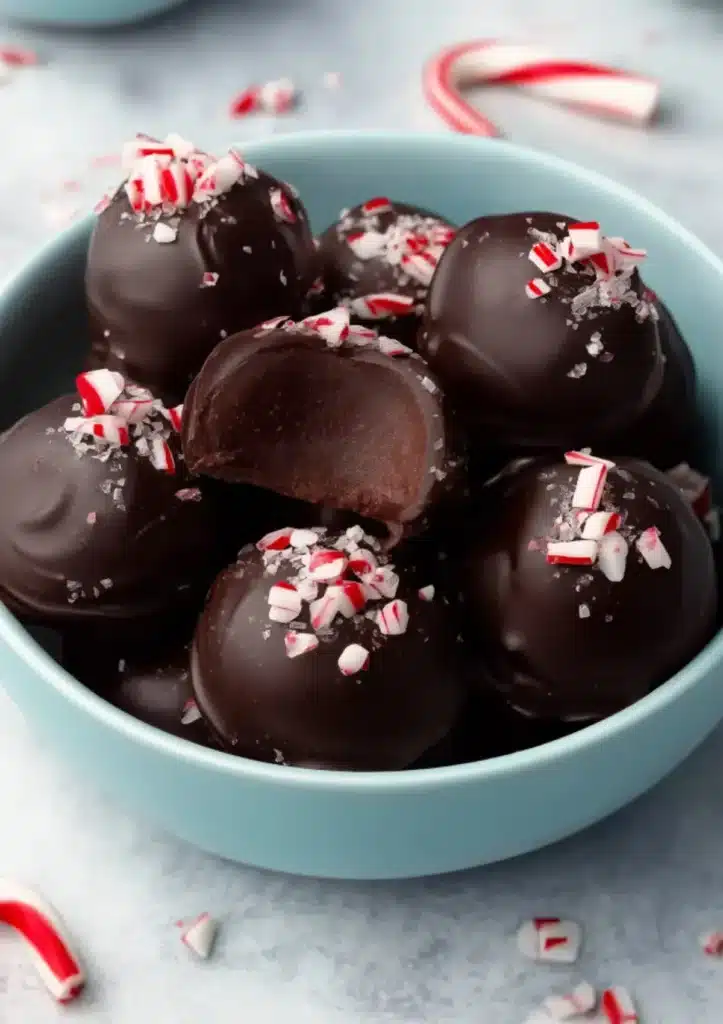 Bowl of Healthy Chocolate Peppermint Truffles topped with crushed candy canes, glossy dark chocolate coating, perfect holiday dessert recipe digital download PDF.