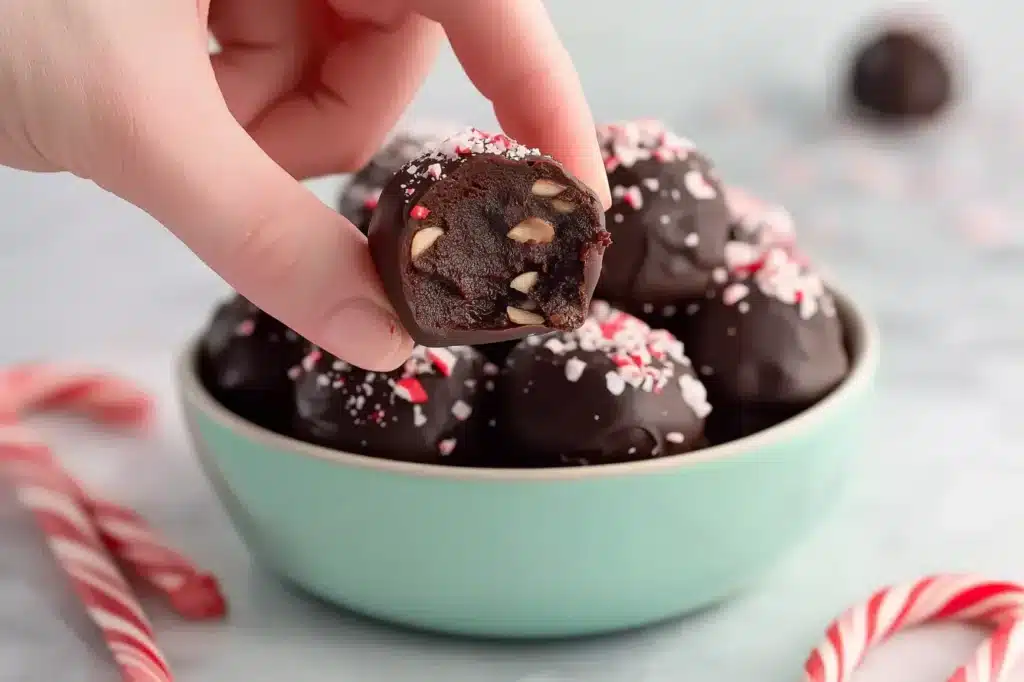 Hand holding a half-eaten chocolate peppermint truffle with crunchy nuts and crushed candy cane topping, healthy holiday dessert digital recipe PDF.