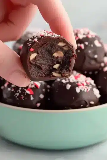 Hand holding a half-eaten chocolate peppermint truffle with crunchy nuts and crushed candy cane topping, healthy holiday dessert digital recipe PDF.