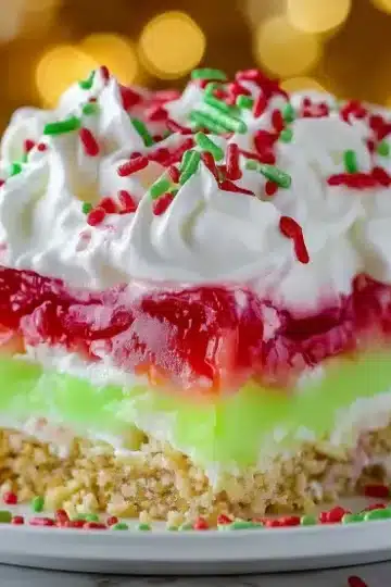 Side view of Christmas lasagna dessert slice featuring golden Oreo crust base, white and green pudding layers, vibrant red gelatin layer, and cloud-like whipped cream with festive sprinkles against Christmas ornament background