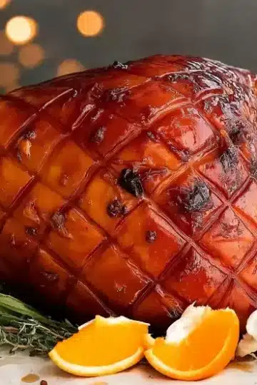Whole glazed ham with cloth-wrapped bone handle, diamond scored pattern with cloves, garnished with fresh orange wedges and thyme sprigs on white parchment with warm Christmas lights bokeh