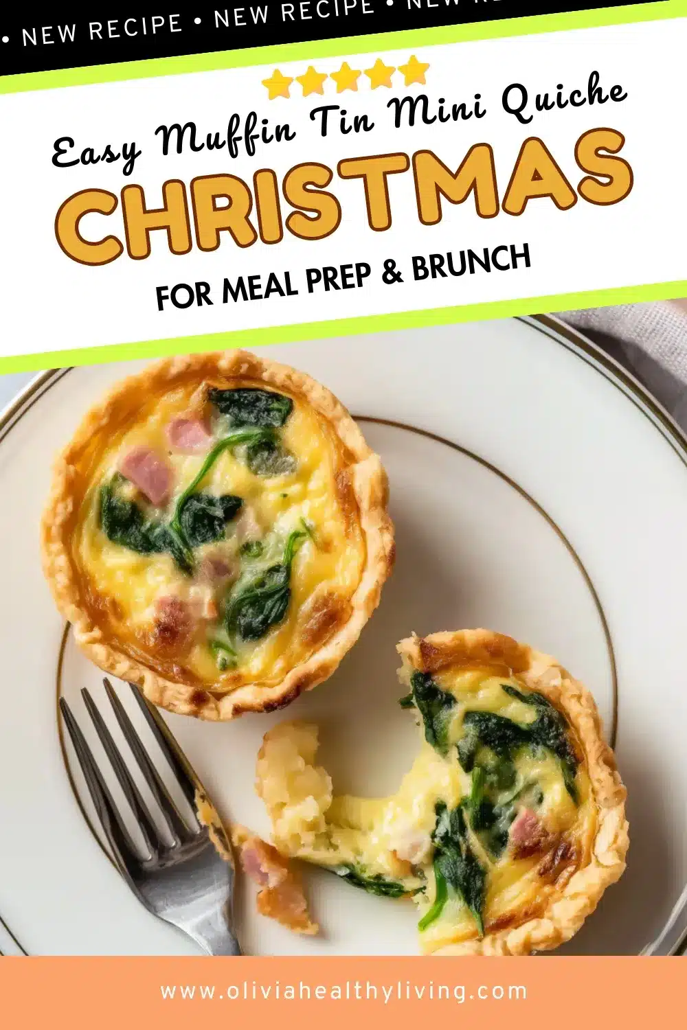 Festive recipe image with mini quiche on plate and text reading “Easy Muffin Tin Mini Quiche Christmas for Meal Prep & Brunch” with website link.