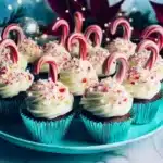 Beautiful holiday cupcakes with white cream cheese frosting, candy cane decorations, and colorful sprinkles on turquoise cake plate, surrounded by Christmas greenery, ornaments, and twinkling lights on marble surface