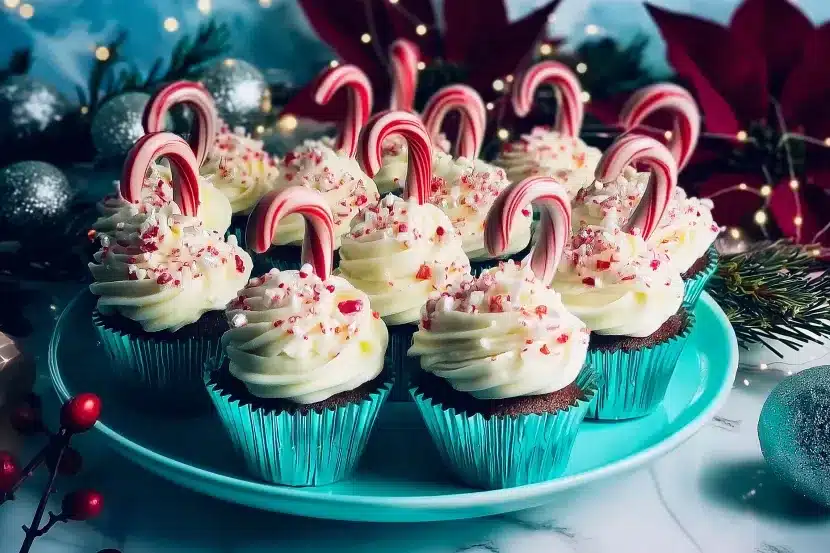 Beautiful holiday cupcakes with white cream cheese frosting, candy cane decorations, and colorful sprinkles on turquoise cake plate, surrounded by Christmas greenery, ornaments, and twinkling lights on marble surface