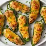 Platter of freshly baked jalapeño poppers stuffed with seasoned sausage and cream cheese mixture, topped with melted cheddar and garnished with green onions