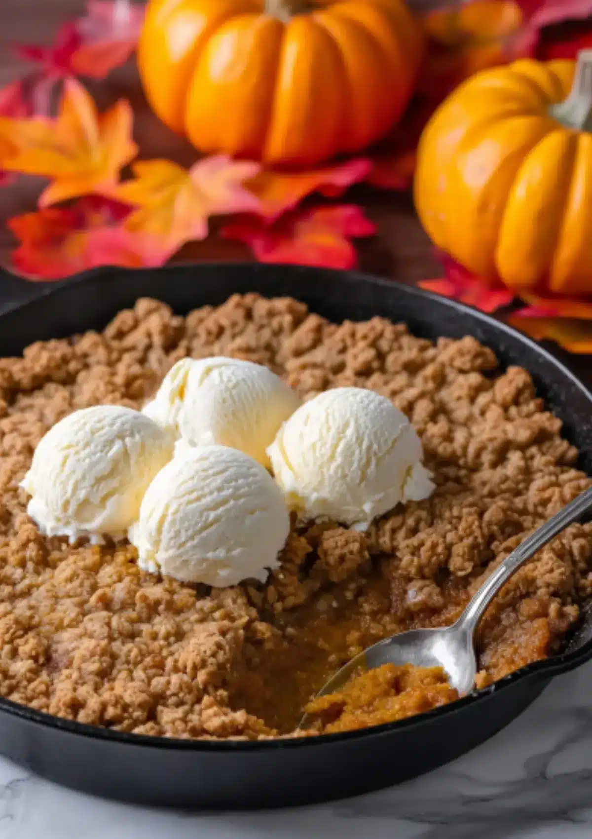 Black cast iron skillet filled with pumpkin crisp dessert, four scoops of vanilla ice cream in center, golden streusel topping, silver spoon scooping out orange pumpkin filling, decorative pumpkins and fall leaves in background