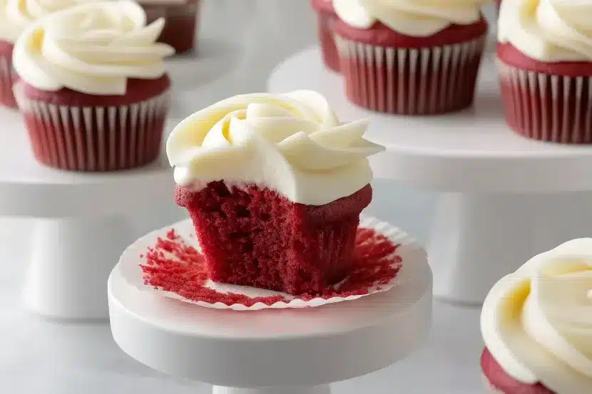 Red velvet cheesecake cupcake with decorative cream cheese frosting on white pedestal, wrapper partially removed showing tender red cake crumb, multiple frosted cupcakes arranged on stands in background