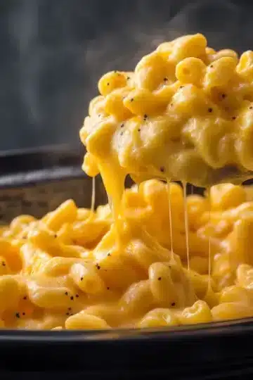 Wooden spoon scooping creamy mac and cheese from black slow cooker showing thick glossy cheese sauce coating tender elbow macaroni with visible black pepper specks and melted cheese strands