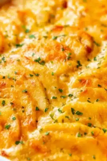 Angled view of three cheese scalloped potatoes in white baking dish showing golden brown bubbling cheese topping, layered potato slices with fresh parsley garnish on marble surface