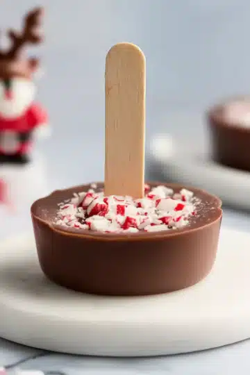 Hot chocolate on a stick with peppermint candy topping on white ceramic plate, festive Santa and reindeer decorations softly blurred in background, red and white candy cane ribbon accent