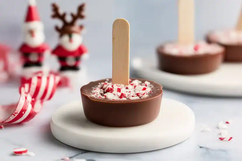 Hot chocolate on a stick with peppermint candy topping on white ceramic plate, festive Santa and reindeer decorations softly blurred in background, red and white candy cane ribbon accent