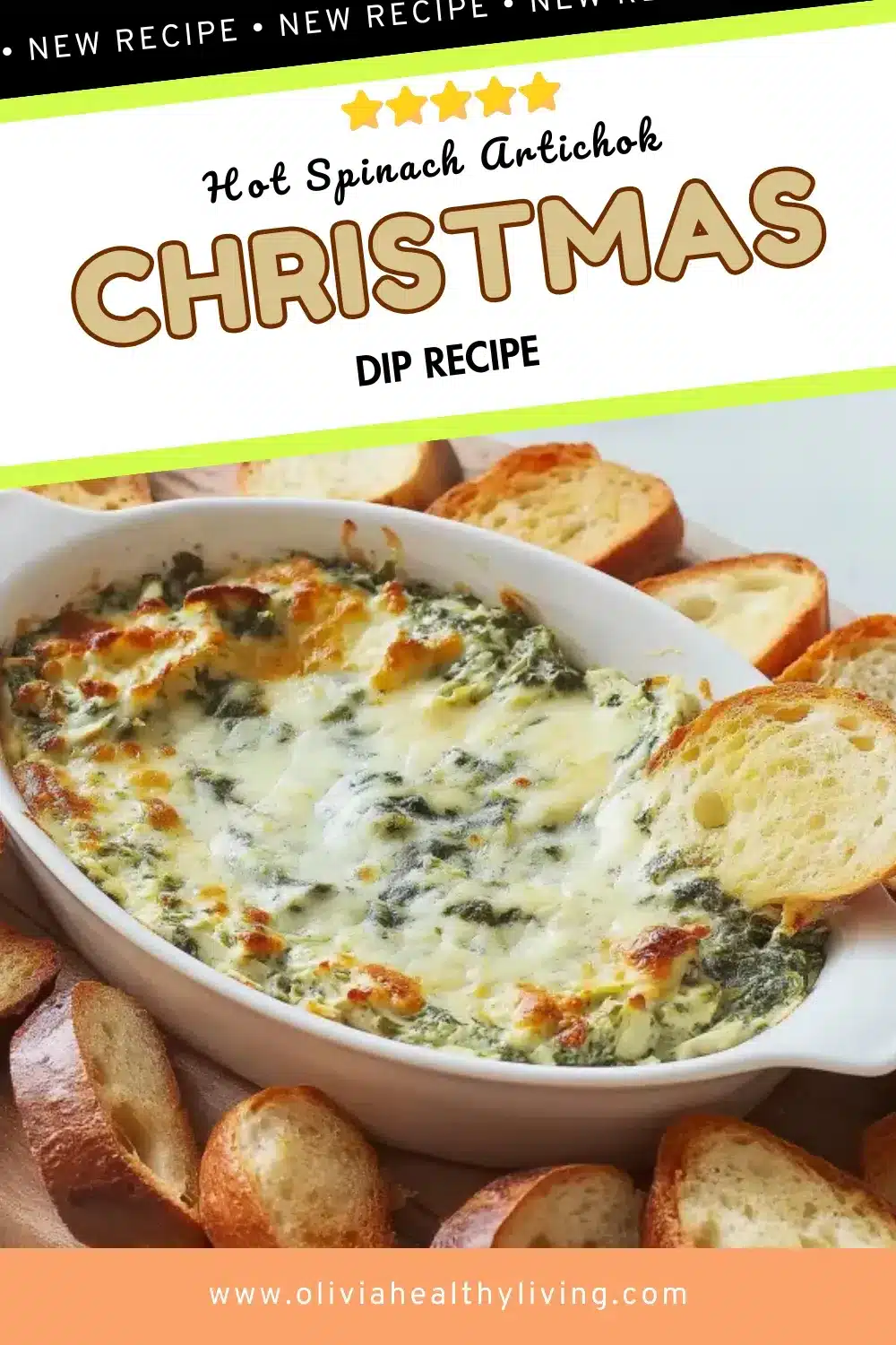 Hot spinach artichoke Christmas dip recipe Pinterest pin featuring creamy baked dip with melted mozzarella and spinach in white ceramic dish with toasted bread slices