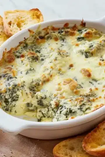 Golden bubbly hot spinach artichoke dip in white ceramic baking dish surrounded by toasted garlic crostini on wooden serving board
