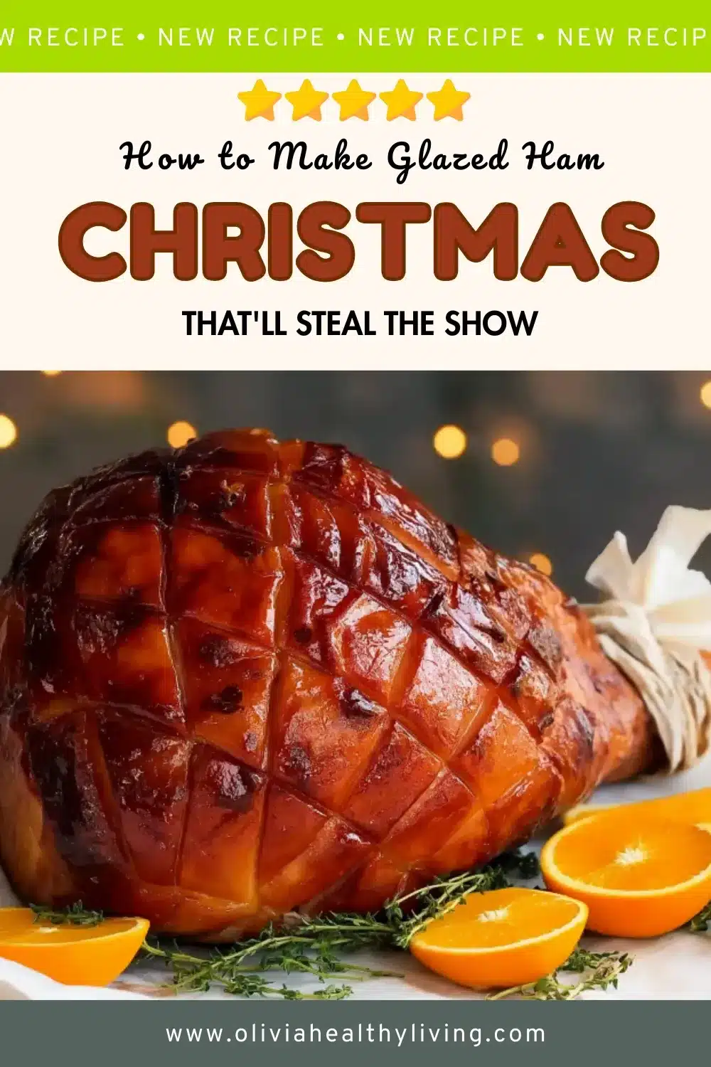 Beautifully glazed Christmas ham with diamond scored pattern, studded with cloves, garnished with fresh orange slices and thyme sprigs on white platter with festive bokeh lights in background