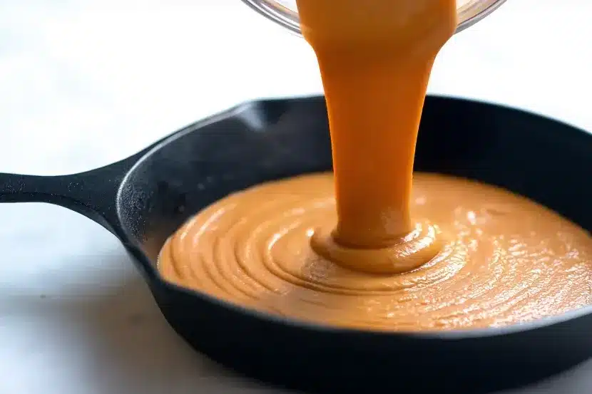 Smooth orange pumpkin pie filling being poured into black cast iron skillet creating ripples and swirls, bright clean background