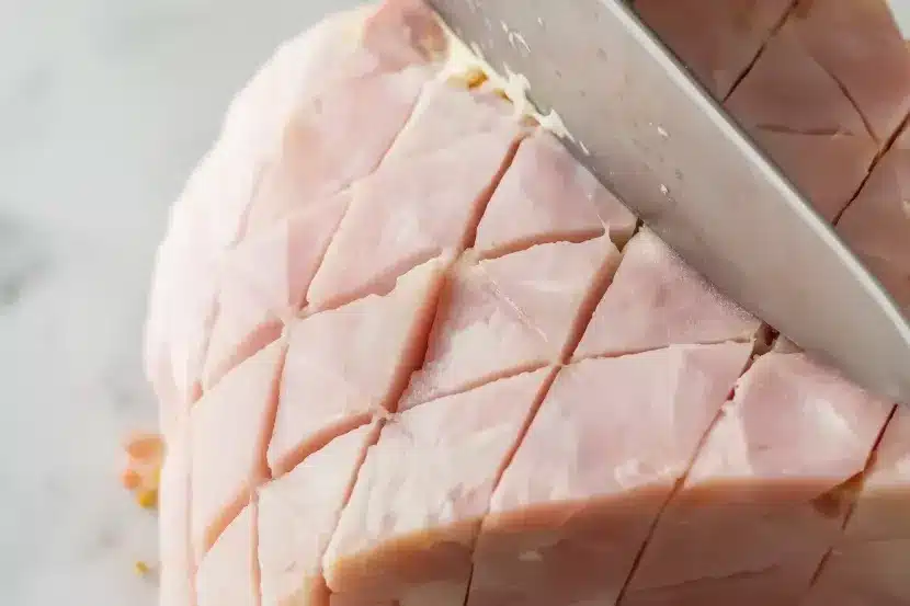 Chef's knife scoring diamond crosshatch pattern into raw ham fat layer before glazing, overhead view showing precise cuts on pale pink ham surface on white marble countertop