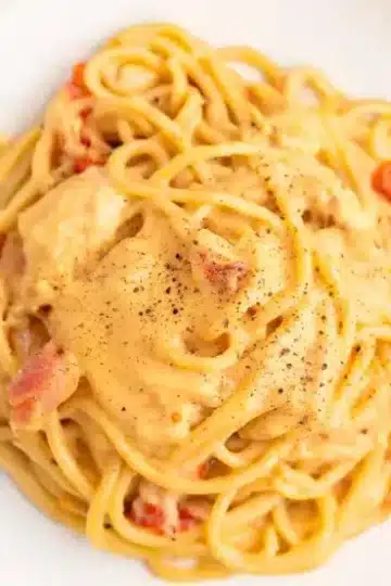 Single portion of chicken spaghetti on white plate with creamy sauce, visible chicken breast pieces, and black pepper garnish from overhead angle