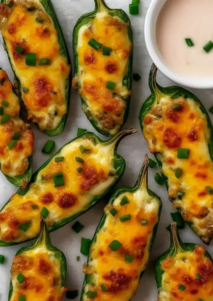 Overhead view of sausage-stuffed jalapeño poppers with melted cheese on parchment paper, served with a creamy dipping sauce and fresh chives