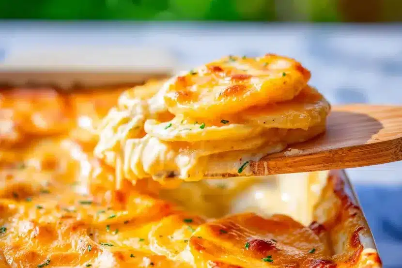 Close-up of wooden spatula serving three cheese scalloped potatoes showing multiple creamy layers, stretchy melted cheese, and golden brown potato slices with herb garnish