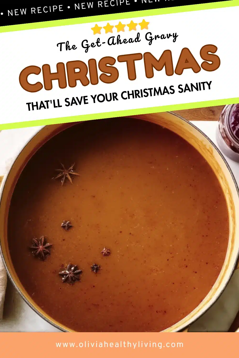 Top-down shot of smooth turkey gravy in yellow enameled pot with star anise garnish, festive recipe card design with orange Christmas text overlay