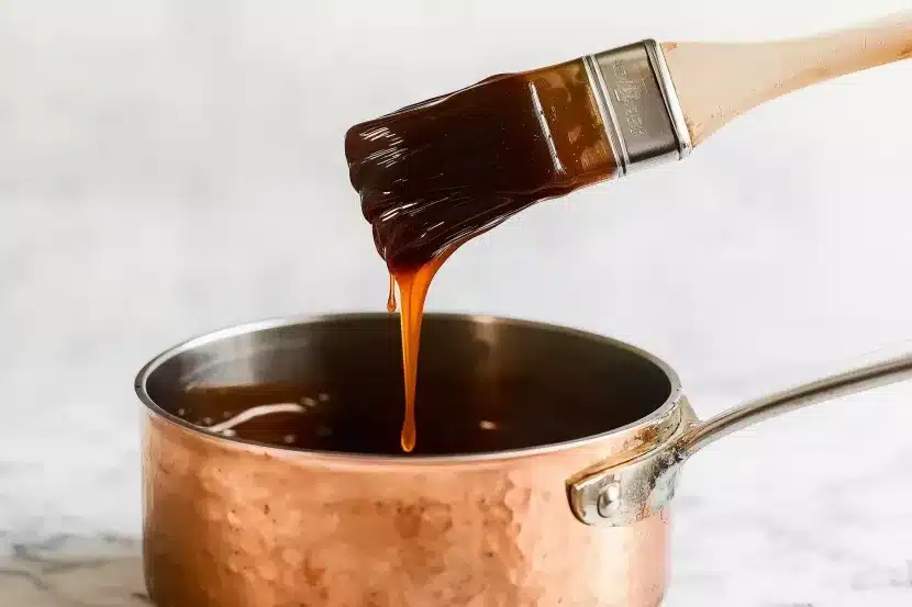 Thick glossy brown ham glaze dripping from pastry brush into copper saucepan, rich amber caramel color showing viscous texture on white marble background
