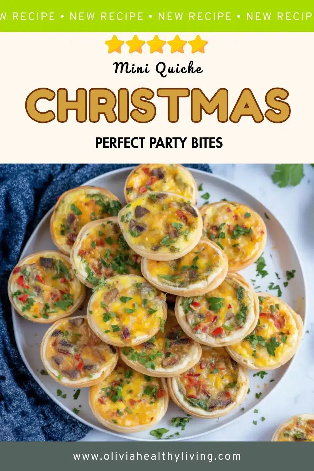 Overhead view of mini quiches arranged on white plate with golden crusts, melted cheese, bacon, peppers, mushrooms and fresh parsley garnish on marble background with navy napkin