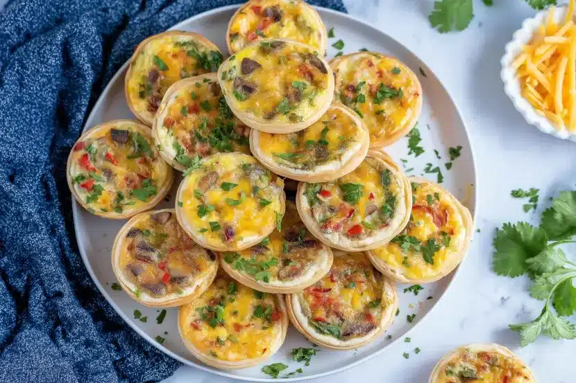Angled overhead view of golden mini quiches piled on white plate with bacon, peppers, mushrooms, melted cheese and fresh parsley with navy napkin and cheese bowl on marble background
