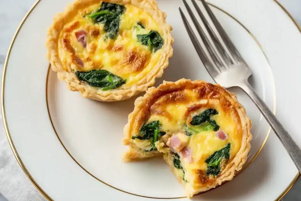 Two baked mini quiches with spinach and ham on a white plate with fork, one cut open showing creamy egg filling.