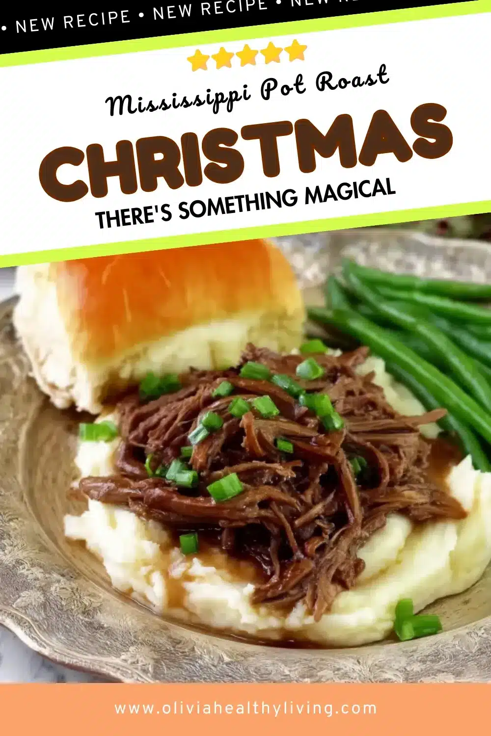 Tender shredded Mississippi pot roast on mashed potatoes garnished with green onions, served with buttery dinner roll and steamed green beans on decorative plate with recipe text overlay