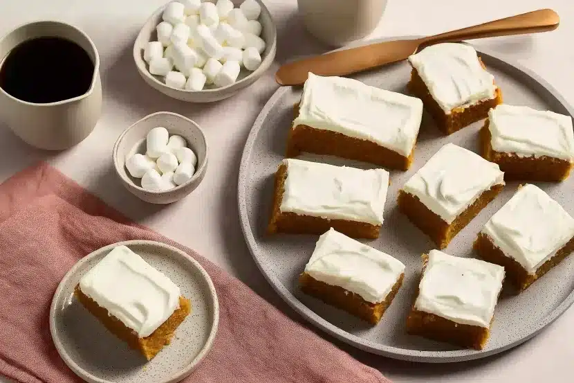 Perfectly frosted pumpkin spice bars with thick cream cheese icing on speckled grey plates, one bar on small side plate, coffee cups, marshmallow bowls, and wooden serving utensil on white countertop with pink linen napkin