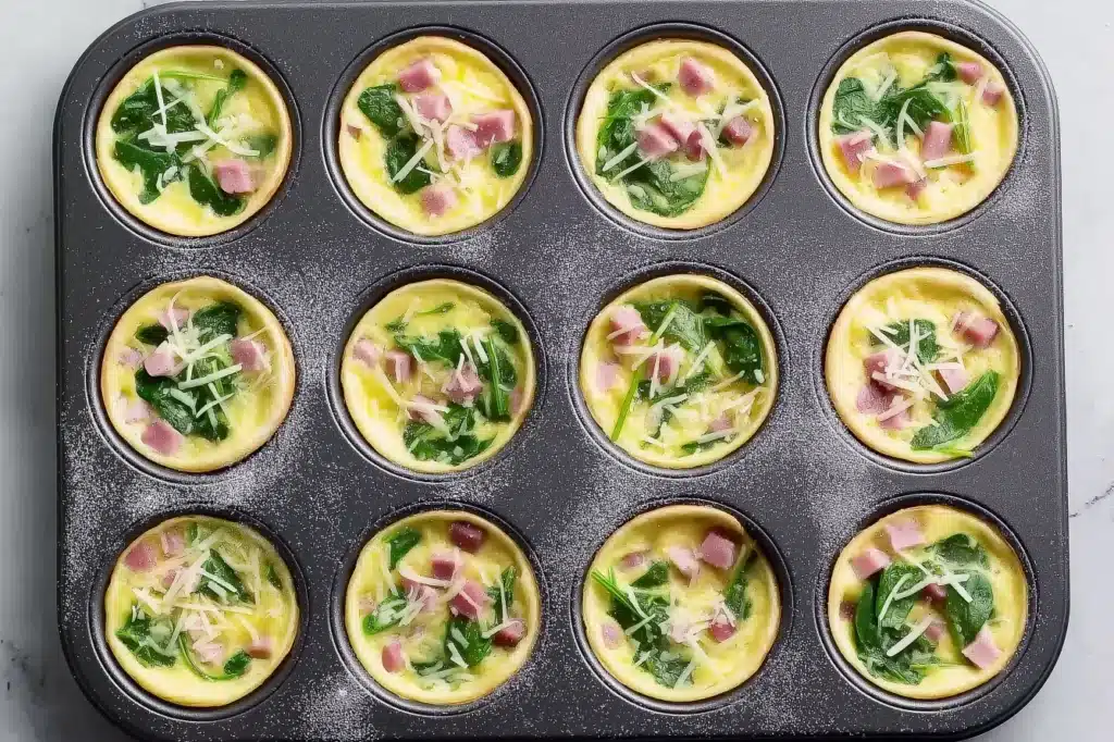 Overhead view of muffin tin with unbaked mini quiches showing spinach, ham, and shredded cheese before baking.