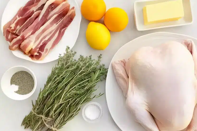 Ingredients for No Fuss Roast Turkey with Easy Herb Butter including raw turkey, smoked bacon strips, fresh rosemary and thyme, lemons, orange, butter, salt and pepper on white marble surface