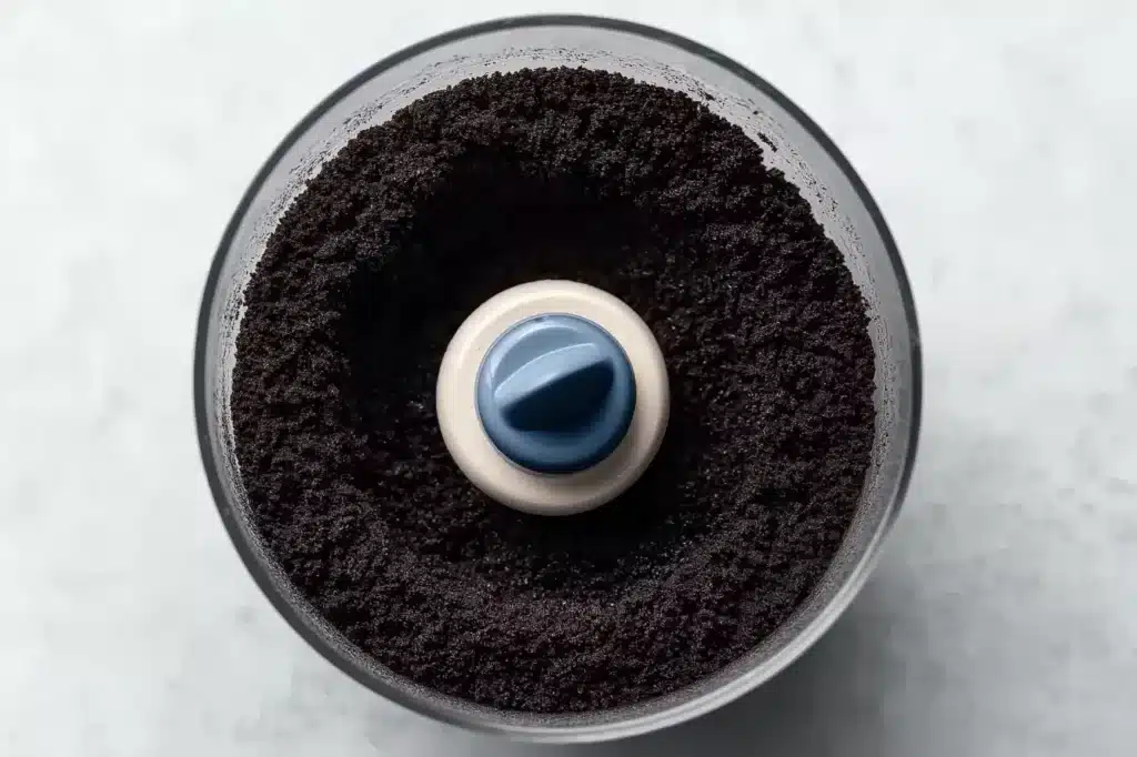 Crushed Oreo cookies in food processor bowl, showing the first step in making the Oreo crust for candy cane peppermint pie, step-by-step printable recipe PDF.