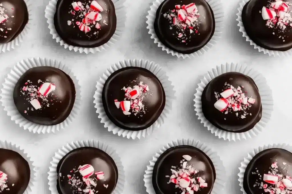 Dark chocolate peppermint truffles topped with crushed candy canes arranged in white cupcake liners, festive Christmas dessert printable recipe PDF.