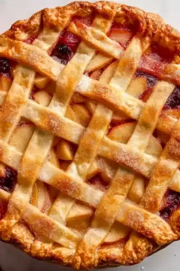 Golden brown apple cranberry pie with lattice crust fresh from the oven surrounded by fresh cranberries and apples