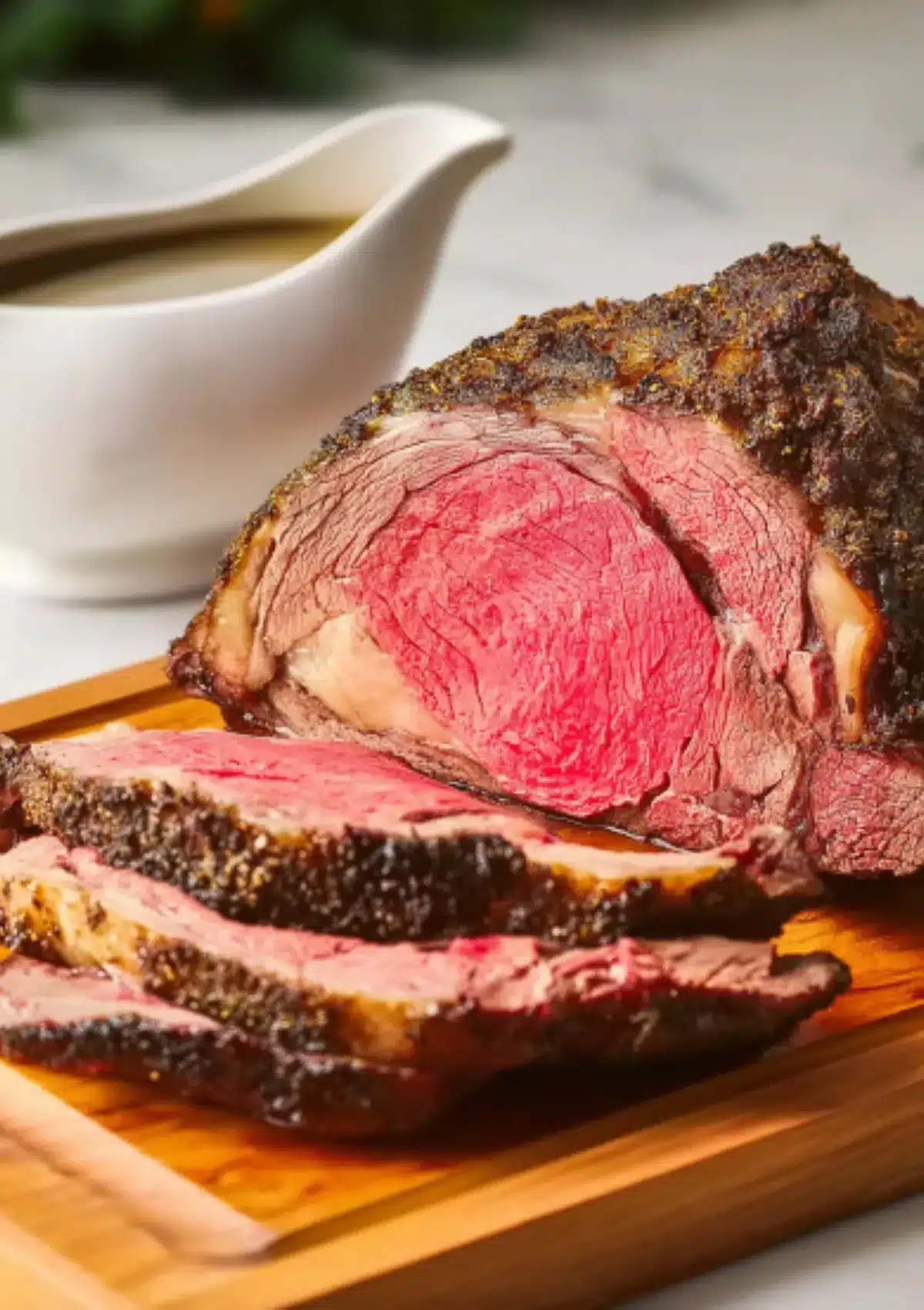 Close-up of Christmas prime rib roast with dark herb crust sliced to show juicy medium-rare pink interior on wooden board with white au jus gravy boat in background