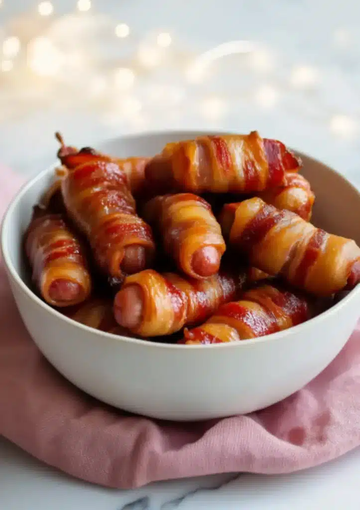 White bowl filled with bacon-wrapped cocktail sausages on a pink cloth with festive bokeh lights in the background