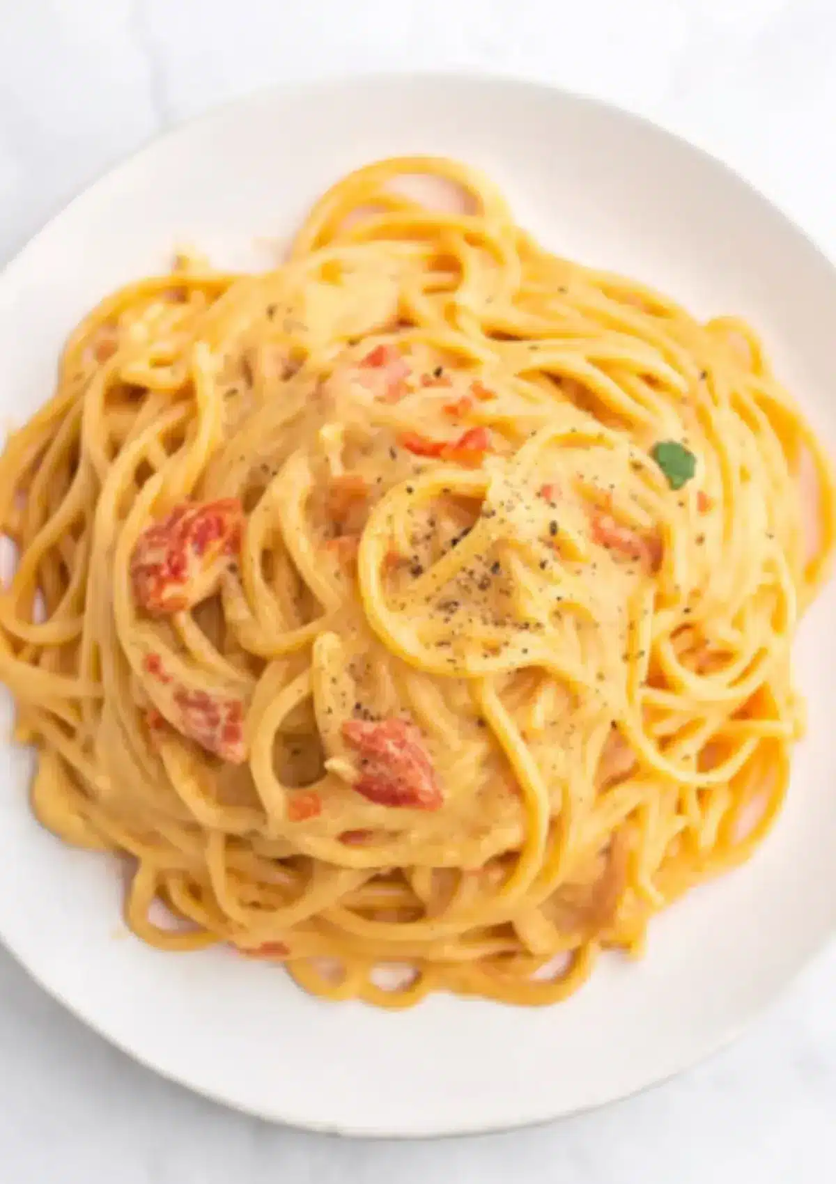 Overhead view of crockpot chicken spaghetti nest on white plate showing creamy Colby Jack cheese sauce, chicken pieces, and Rotel tomatoes with black pepper seasoning