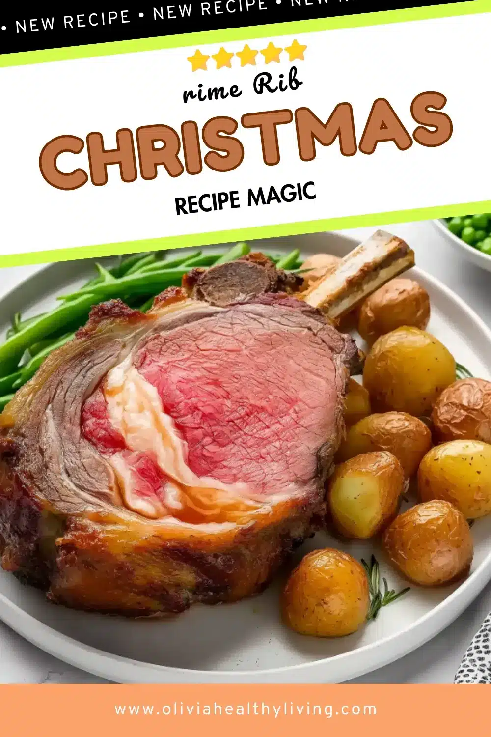 Bone-in prime rib roast with golden potatoes and green beans on elegant dinner plate for Christmas dinner