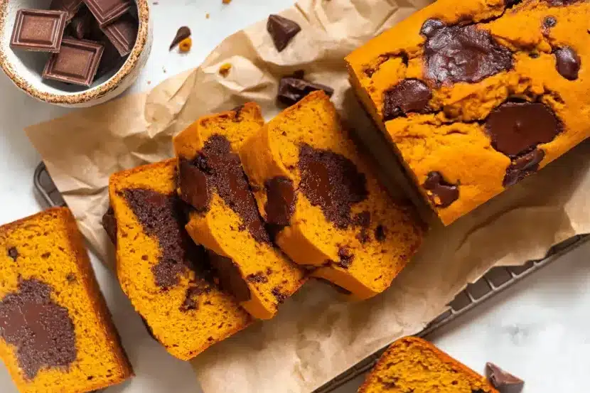 Overhead styled food photography of sliced pumpkin chocolate chip bread on parchment paper with vintage knife and rustic bowl of dark chocolate pieces on marble countertop
