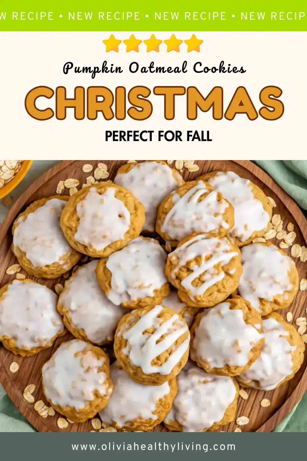 Pumpkin oatmeal cookies with white vanilla icing arranged on a round wooden board, with text overlay reading "Pumpkin Oatmeal Cookies Christmas Perfect for Fall" and 5-star rating, scattered oats as garnish on sage green background