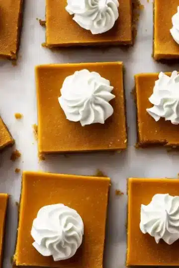 Overhead view of pumpkin pie bar squares on white marble surface, each decorated with swirled whipped cream, white piping bags visible in frame, scattered graham cracker crumbs for styling