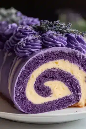 Full purple velvet cake roll decorated with piped purple buttercream rosettes and lavender flowers, sliced to show cream cheese filling spiral, served on white plate with coffee cup in background
